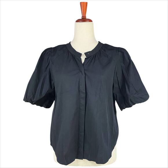 EVEREVE Felix Puff-Sleeve Poplin Button-Up Blouse in Black Size M Office Work - Picture 1 of 8
